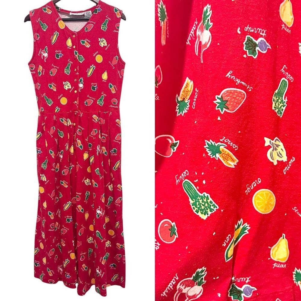 VTG Cotton Wide Leg Crop Jumper Cotton Size Small Veggie & Fruit Print Pockets